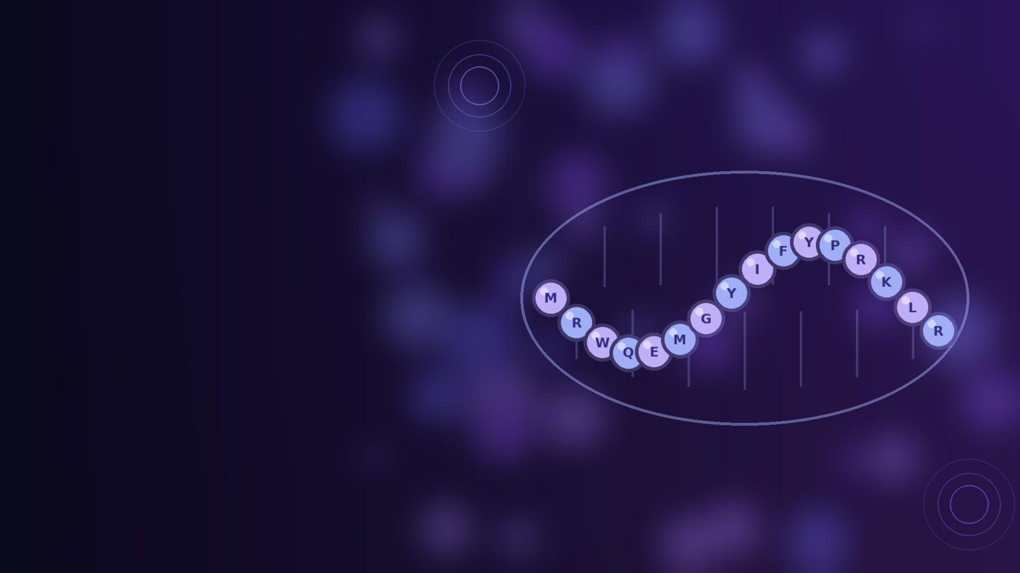 Fialová ilustrace peptidového řetězce ze šestnácti korálků uvnitř obrysu mitochondrie